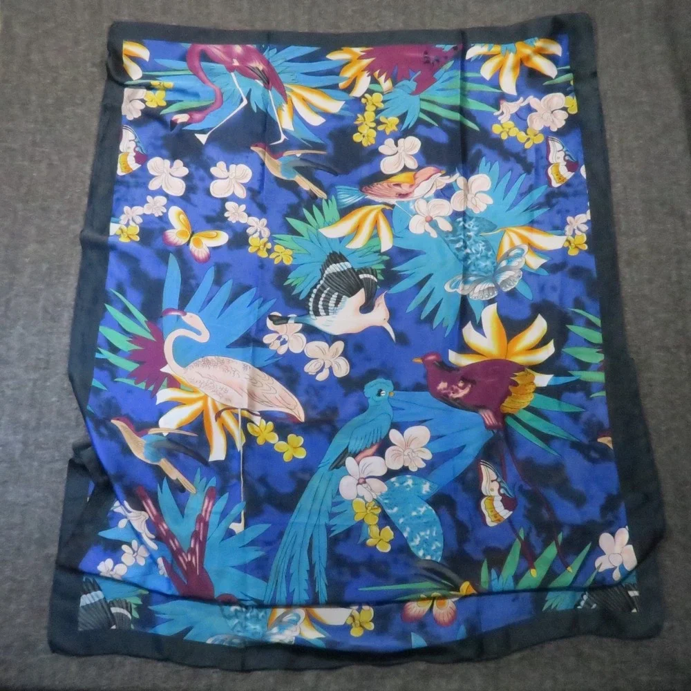 Vintage‎ Silk Scarf Birds Floral Blue Flamingo Butterflies Tropical Boho Island
